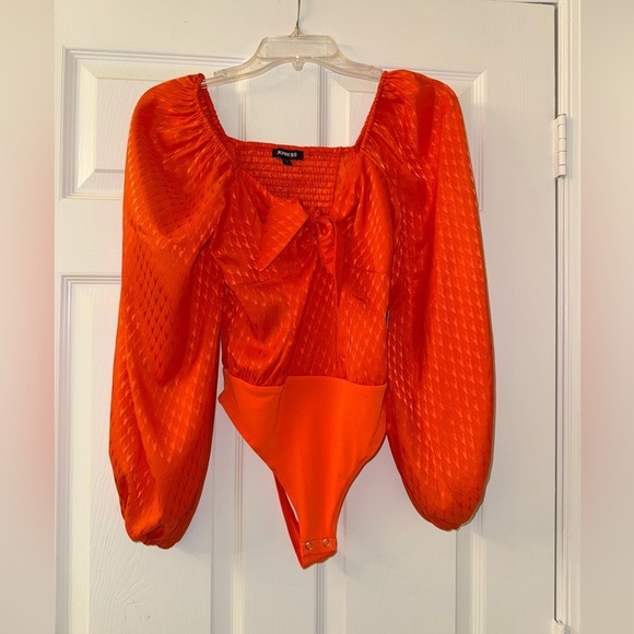 Express Tops - Express Dark Orange Satin Jacquard Balloon Sleeve Bodysuit!
